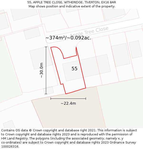 55, APPLE TREE CLOSE, WITHERIDGE, TIVERTON, EX16 8AR: Plot and title map