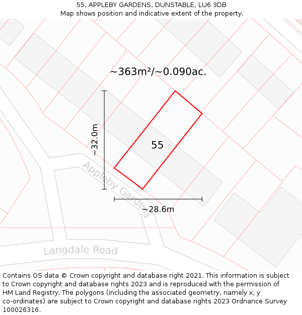 55, APPLEBY GARDENS, DUNSTABLE, LU6 3DB: Plot and title map