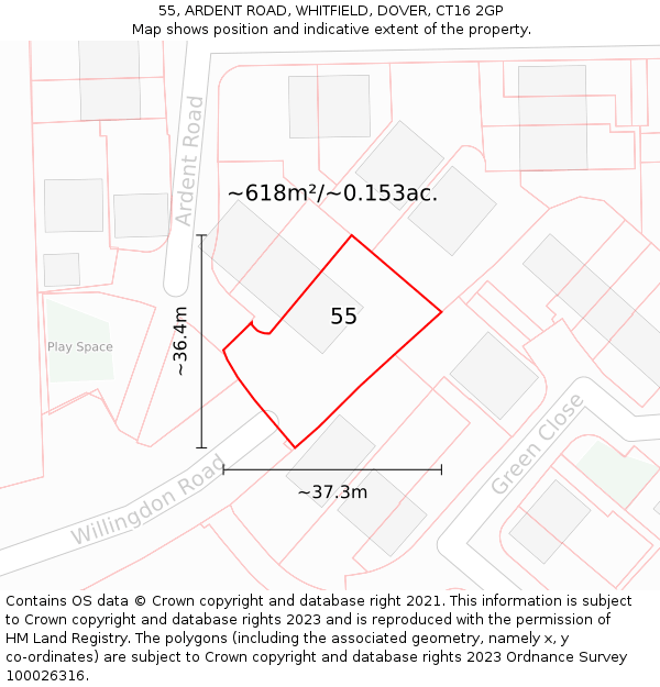 55, ARDENT ROAD, WHITFIELD, DOVER, CT16 2GP: Plot and title map