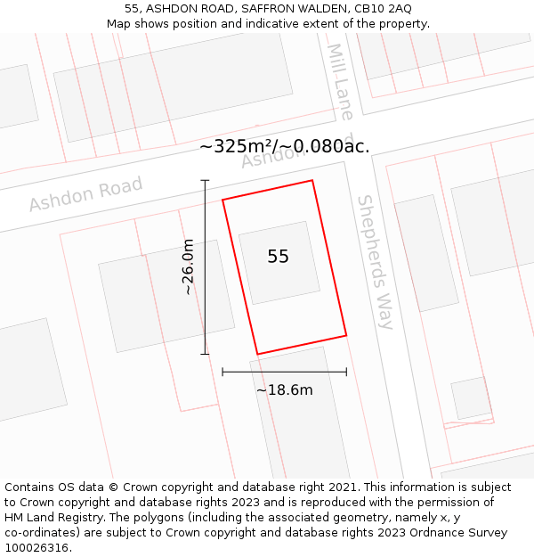 55, ASHDON ROAD, SAFFRON WALDEN, CB10 2AQ: Plot and title map