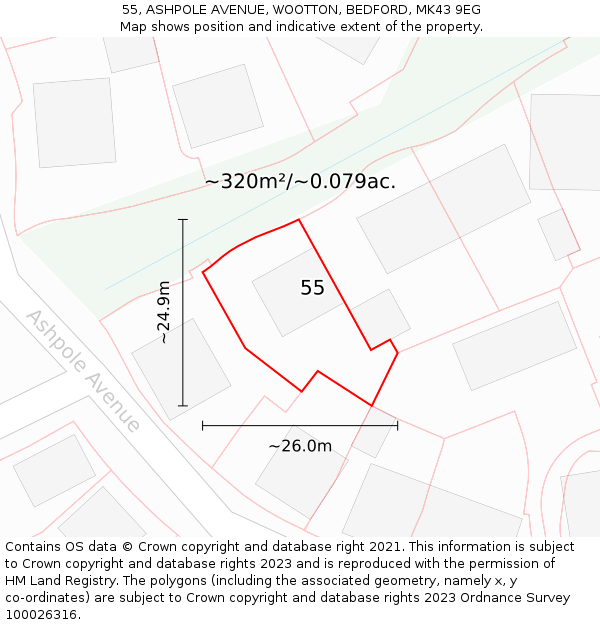 55, ASHPOLE AVENUE, WOOTTON, BEDFORD, MK43 9EG: Plot and title map