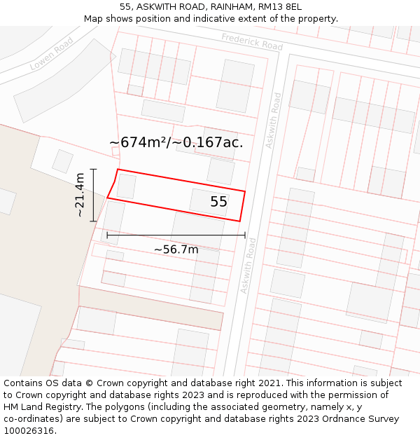 55, ASKWITH ROAD, RAINHAM, RM13 8EL: Plot and title map