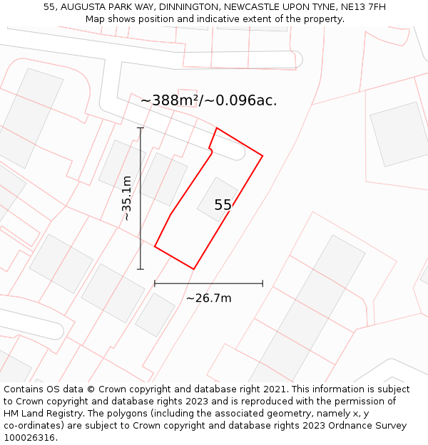 55, AUGUSTA PARK WAY, DINNINGTON, NEWCASTLE UPON TYNE, NE13 7FH: Plot and title map