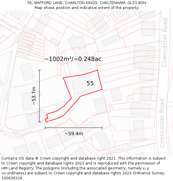 55, BAFFORD LANE, CHARLTON KINGS, CHELTENHAM, GL53 8DN: Plot and title map