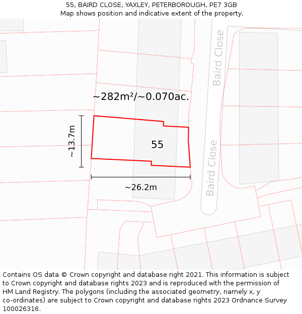 55, BAIRD CLOSE, YAXLEY, PETERBOROUGH, PE7 3GB: Plot and title map
