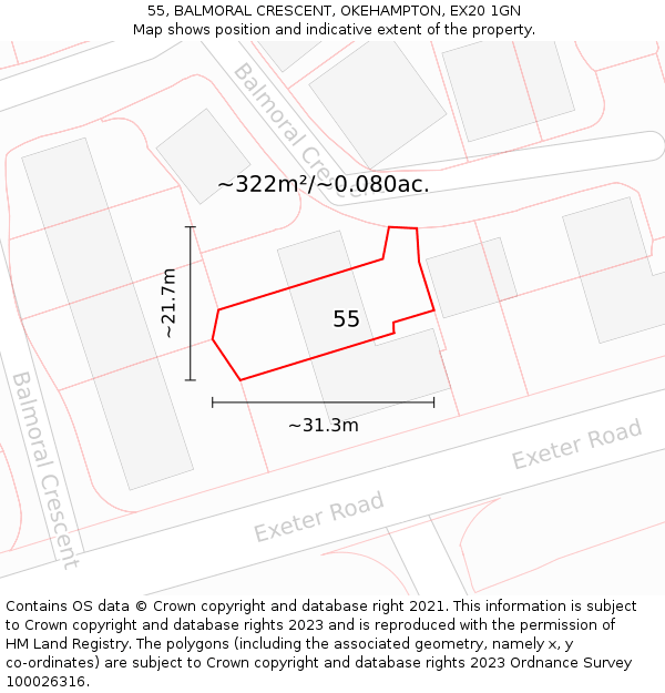 55, BALMORAL CRESCENT, OKEHAMPTON, EX20 1GN: Plot and title map