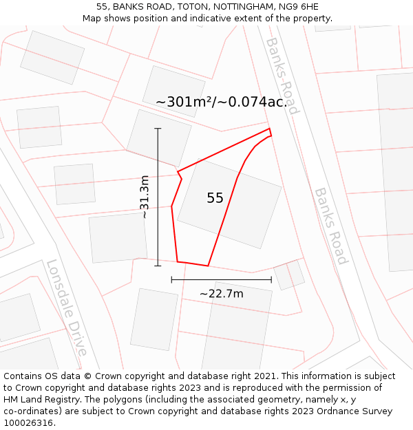 55, BANKS ROAD, TOTON, NOTTINGHAM, NG9 6HE: Plot and title map