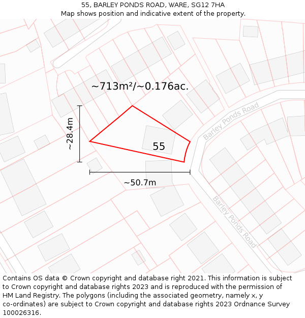55, BARLEY PONDS ROAD, WARE, SG12 7HA: Plot and title map
