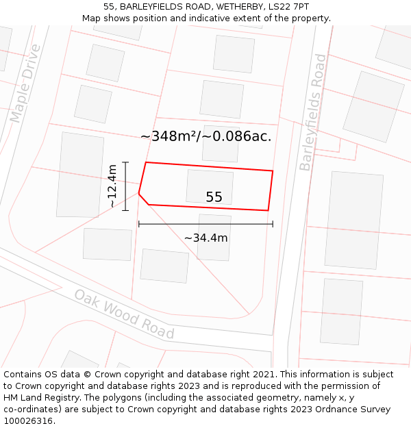 55, BARLEYFIELDS ROAD, WETHERBY, LS22 7PT: Plot and title map