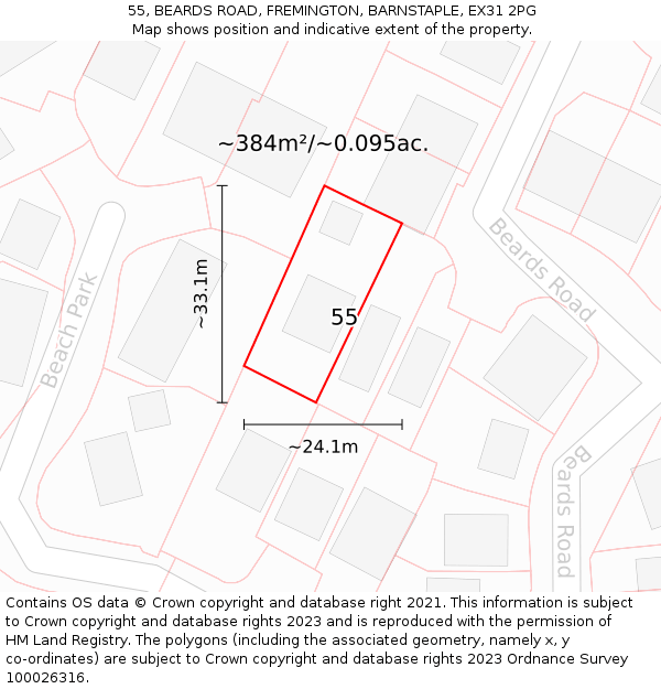 55, BEARDS ROAD, FREMINGTON, BARNSTAPLE, EX31 2PG: Plot and title map