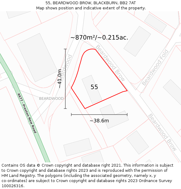 55, BEARDWOOD BROW, BLACKBURN, BB2 7AT: Plot and title map