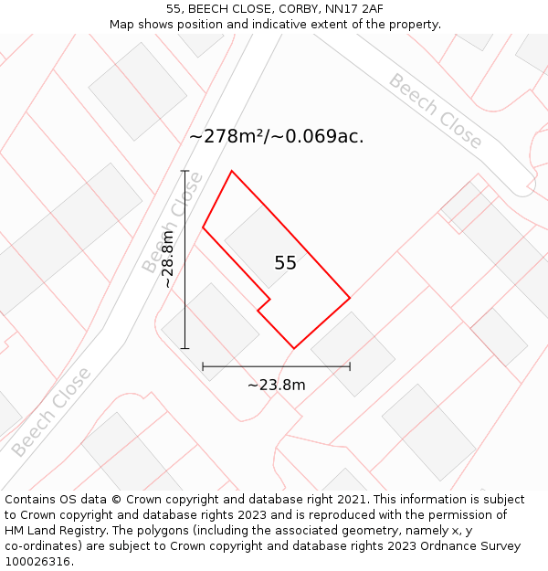 55, BEECH CLOSE, CORBY, NN17 2AF: Plot and title map