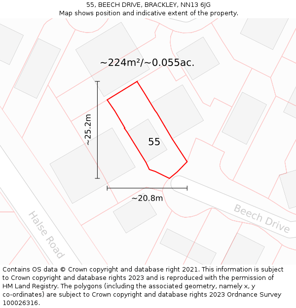 55, BEECH DRIVE, BRACKLEY, NN13 6JG: Plot and title map
