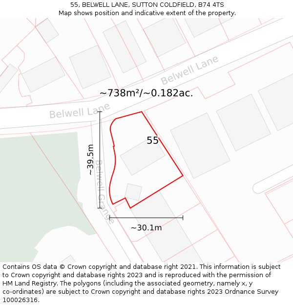55, BELWELL LANE, SUTTON COLDFIELD, B74 4TS: Plot and title map