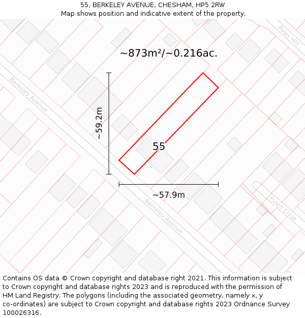 55, BERKELEY AVENUE, CHESHAM, HP5 2RW: Plot and title map