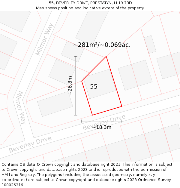 55, BEVERLEY DRIVE, PRESTATYN, LL19 7RD: Plot and title map