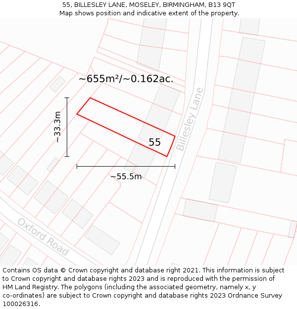 55, BILLESLEY LANE, MOSELEY, BIRMINGHAM, B13 9QT: Plot and title map