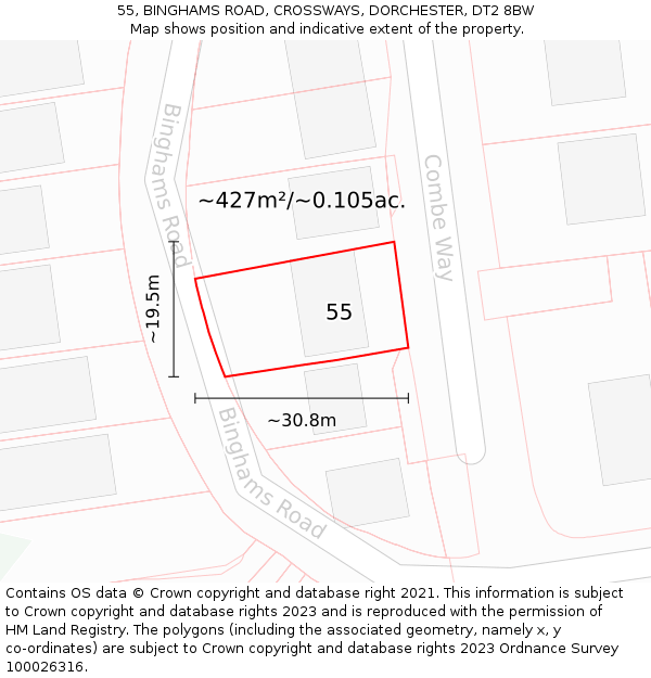 55, BINGHAMS ROAD, CROSSWAYS, DORCHESTER, DT2 8BW: Plot and title map