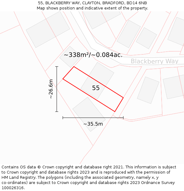55, BLACKBERRY WAY, CLAYTON, BRADFORD, BD14 6NB: Plot and title map