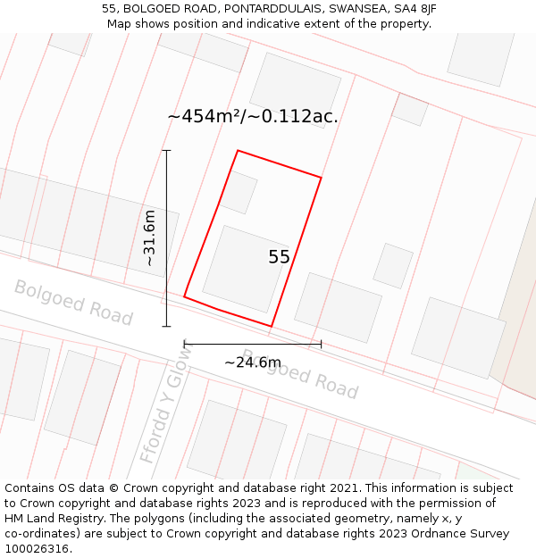 55, BOLGOED ROAD, PONTARDDULAIS, SWANSEA, SA4 8JF: Plot and title map