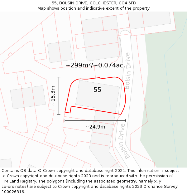 55, BOLSIN DRIVE, COLCHESTER, CO4 5FD: Plot and title map