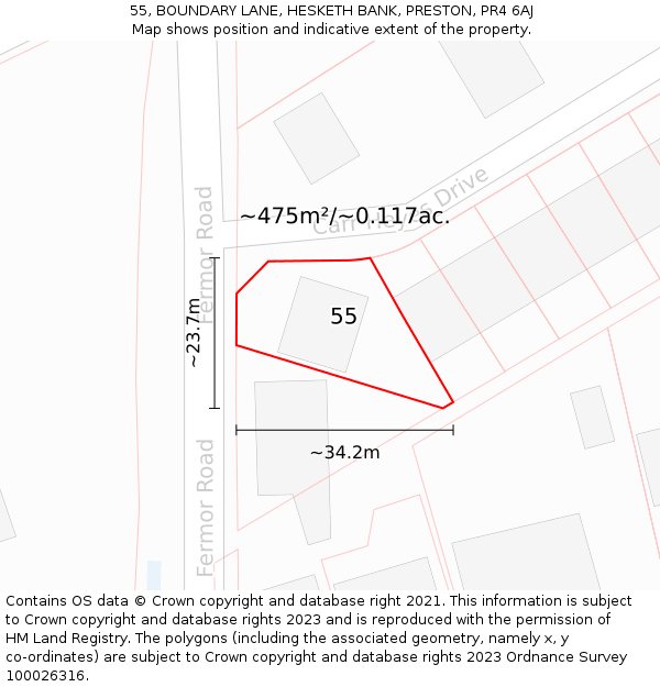 55, BOUNDARY LANE, HESKETH BANK, PRESTON, PR4 6AJ: Plot and title map