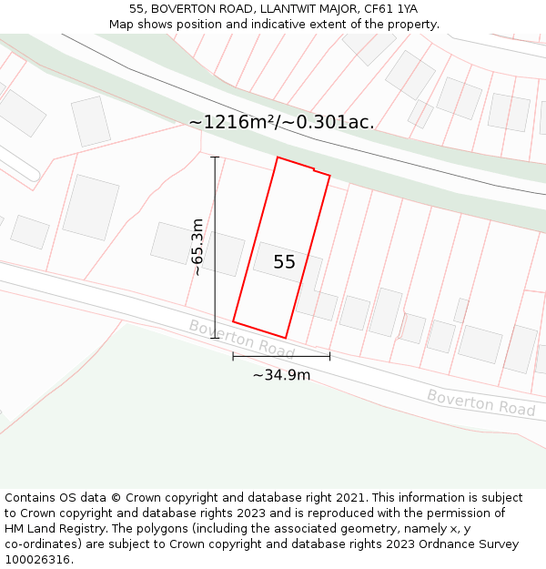 55, BOVERTON ROAD, LLANTWIT MAJOR, CF61 1YA: Plot and title map
