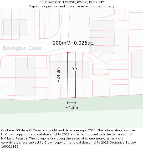 55, BOVINGTON CLOSE, POOLE, BH17 8AY: Plot and title map