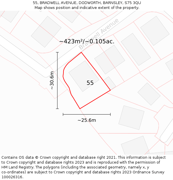 55, BRADWELL AVENUE, DODWORTH, BARNSLEY, S75 3QU: Plot and title map