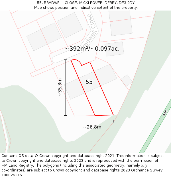 55, BRADWELL CLOSE, MICKLEOVER, DERBY, DE3 9DY: Plot and title map