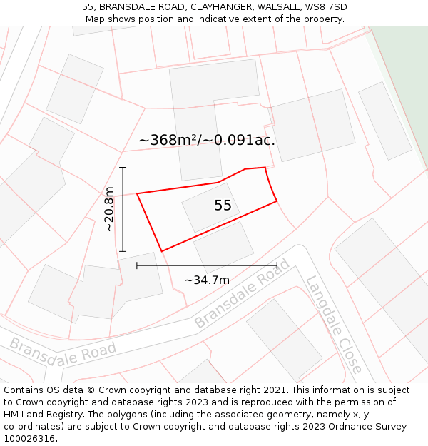 55, BRANSDALE ROAD, CLAYHANGER, WALSALL, WS8 7SD: Plot and title map