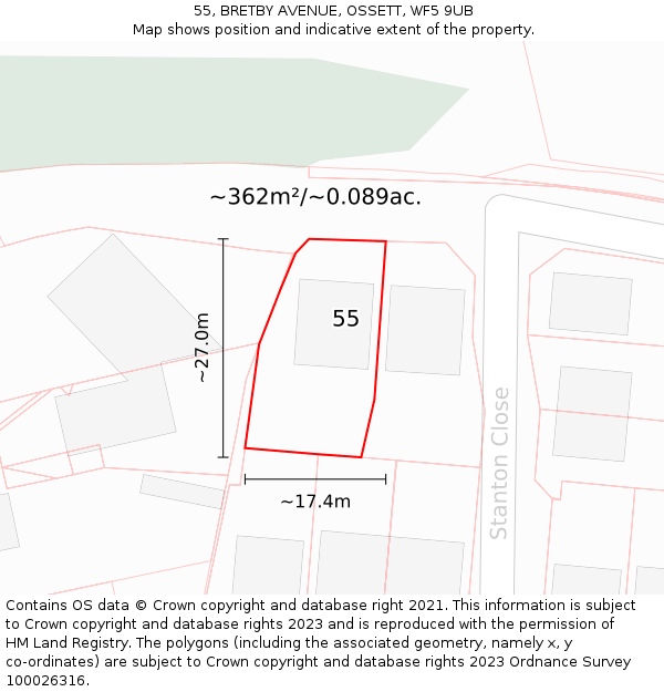 55, BRETBY AVENUE, OSSETT, WF5 9UB: Plot and title map