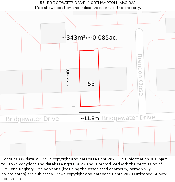 55, BRIDGEWATER DRIVE, NORTHAMPTON, NN3 3AF: Plot and title map