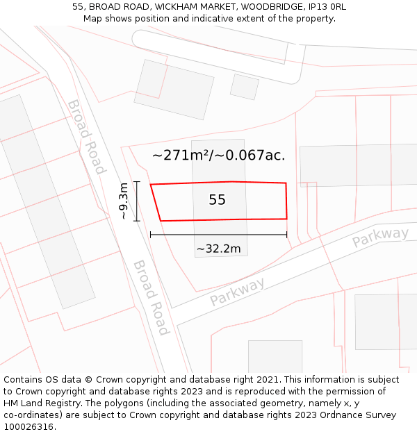 55, BROAD ROAD, WICKHAM MARKET, WOODBRIDGE, IP13 0RL: Plot and title map