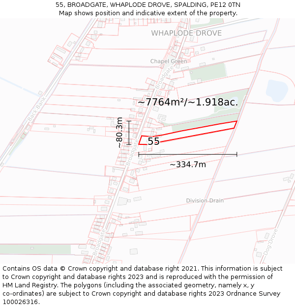 55, BROADGATE, WHAPLODE DROVE, SPALDING, PE12 0TN: Plot and title map