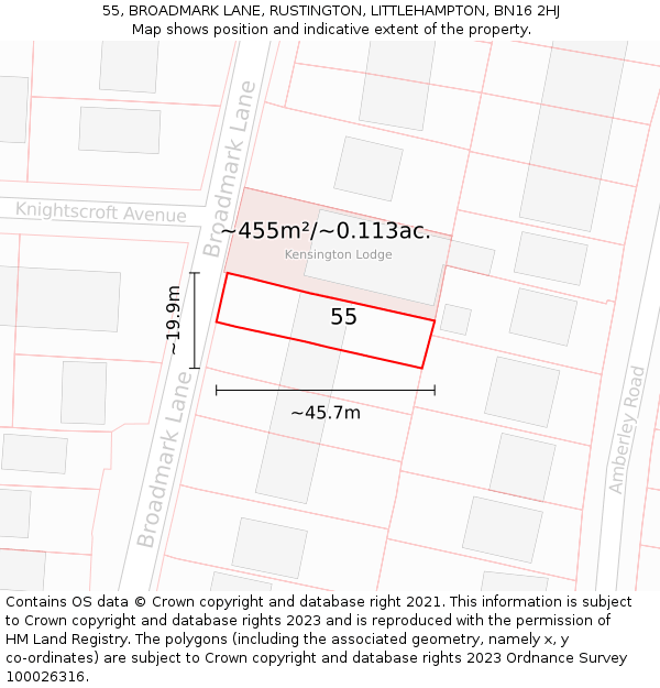 55, BROADMARK LANE, RUSTINGTON, LITTLEHAMPTON, BN16 2HJ: Plot and title map
