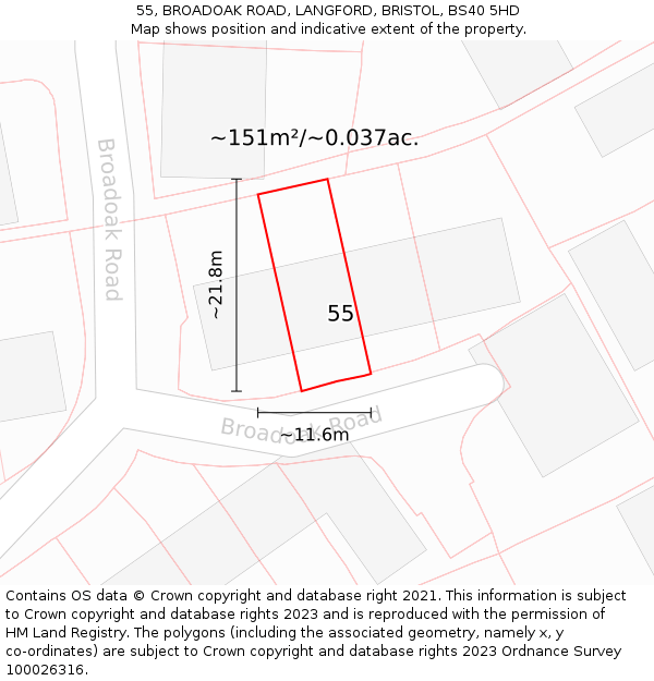55, BROADOAK ROAD, LANGFORD, BRISTOL, BS40 5HD: Plot and title map