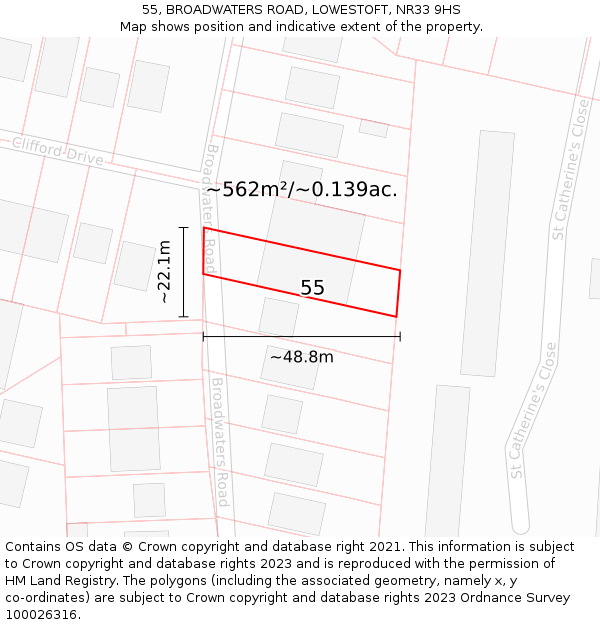 55, BROADWATERS ROAD, LOWESTOFT, NR33 9HS: Plot and title map