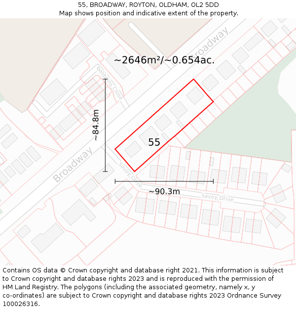 55, BROADWAY, ROYTON, OLDHAM, OL2 5DD: Plot and title map