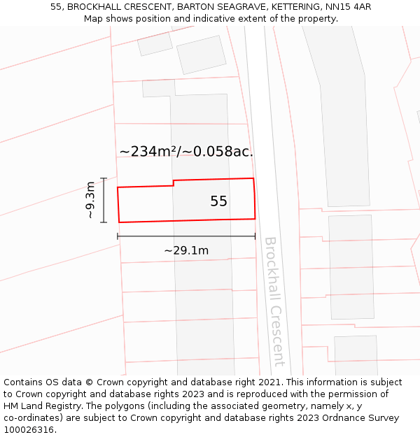 55, BROCKHALL CRESCENT, BARTON SEAGRAVE, KETTERING, NN15 4AR: Plot and title map