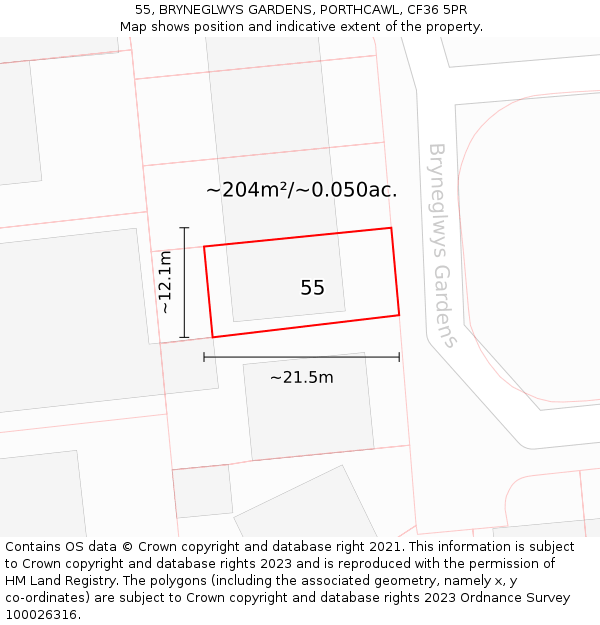 55, BRYNEGLWYS GARDENS, PORTHCAWL, CF36 5PR: Plot and title map