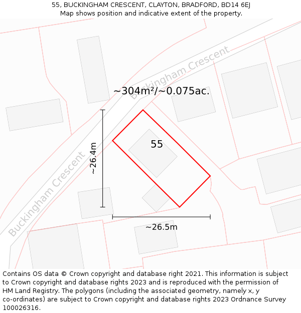 55, BUCKINGHAM CRESCENT, CLAYTON, BRADFORD, BD14 6EJ: Plot and title map