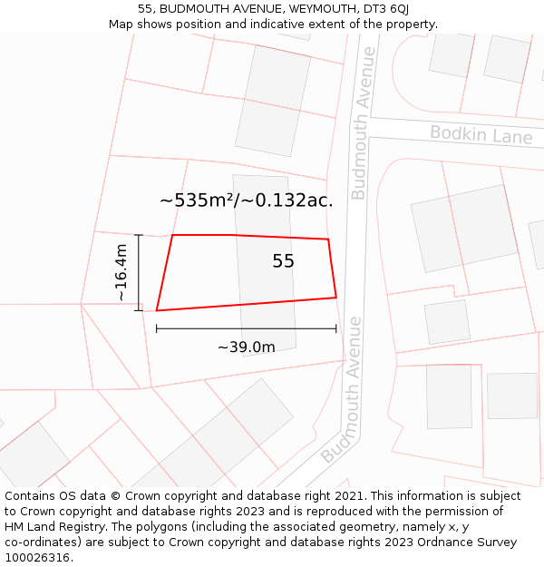 55, BUDMOUTH AVENUE, WEYMOUTH, DT3 6QJ: Plot and title map