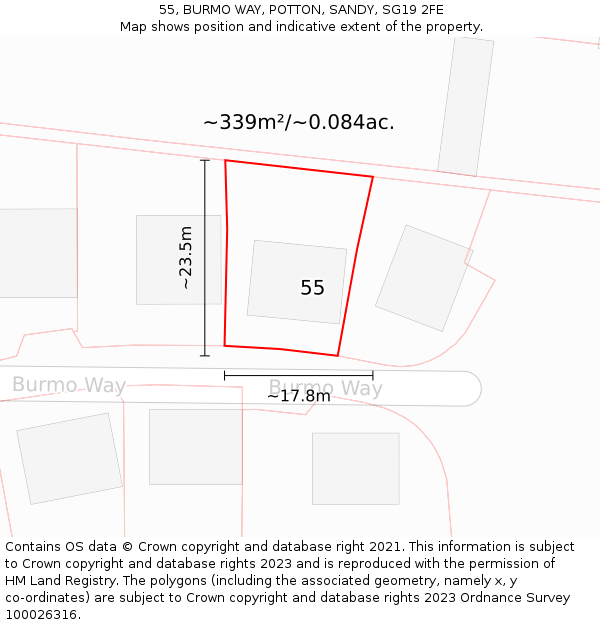 55, BURMO WAY, POTTON, SANDY, SG19 2FE: Plot and title map