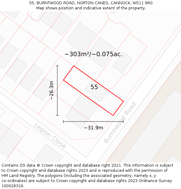 55, BURNTWOOD ROAD, NORTON CANES, CANNOCK, WS11 9RG: Plot and title map