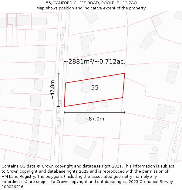 55, CANFORD CLIFFS ROAD, POOLE, BH13 7AQ: Plot and title map