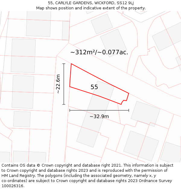 55, CARLYLE GARDENS, WICKFORD, SS12 9LJ: Plot and title map