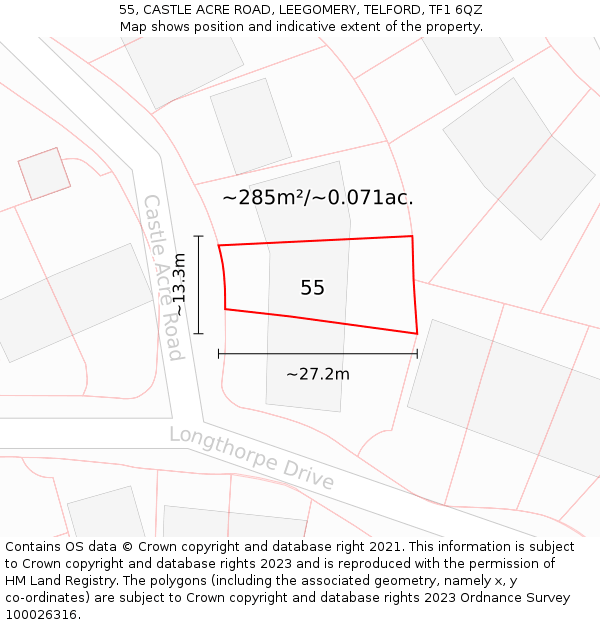 55, CASTLE ACRE ROAD, LEEGOMERY, TELFORD, TF1 6QZ: Plot and title map