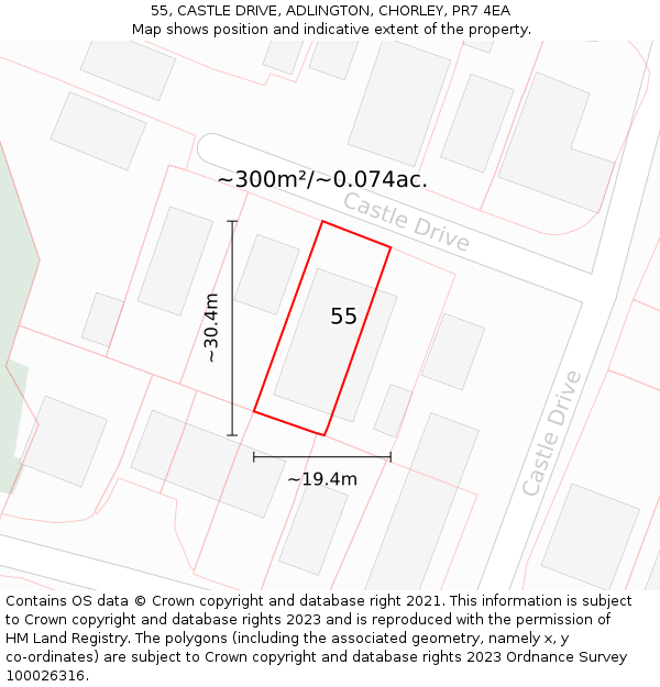 55, CASTLE DRIVE, ADLINGTON, CHORLEY, PR7 4EA: Plot and title map