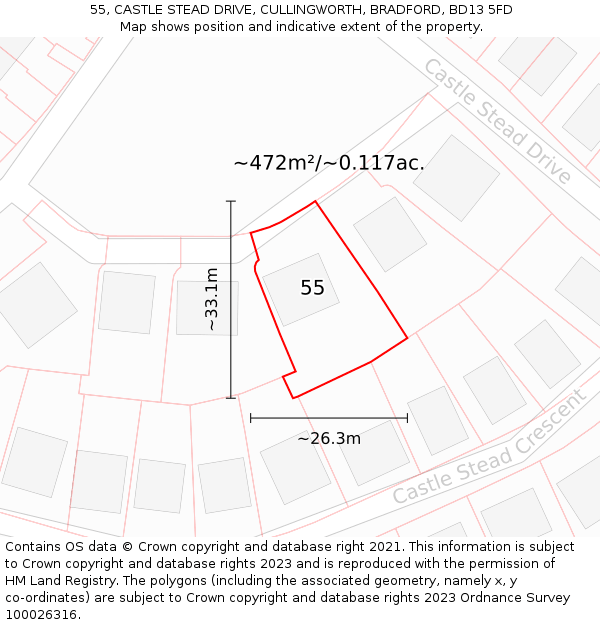 55, CASTLE STEAD DRIVE, CULLINGWORTH, BRADFORD, BD13 5FD: Plot and title map